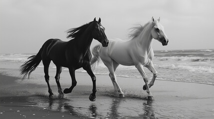 Two horses beautiful black horse and white horse running on the seashore on the island