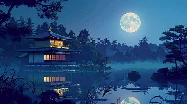 Glowing traditional wooden house by calm lake under full moonlight in night landscape
Seamless looping 4k time-lapse virtual video animation Generated AI