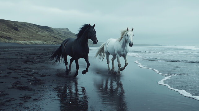 Two horses beautiful black horse and white horse running on the seashore on the island