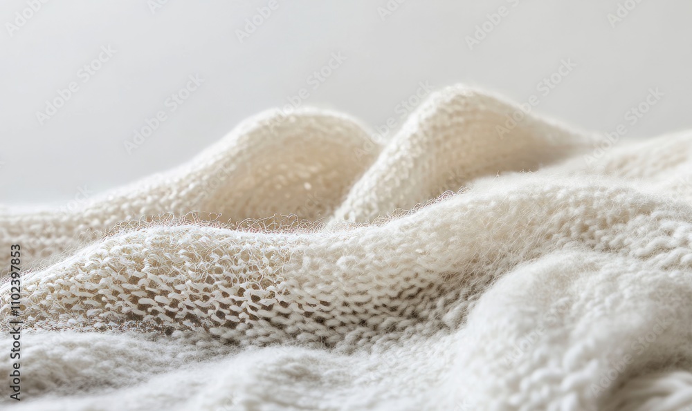 Poster a close-up look at the intricate texture of knitted wool, with subtle details of the fibers highligh