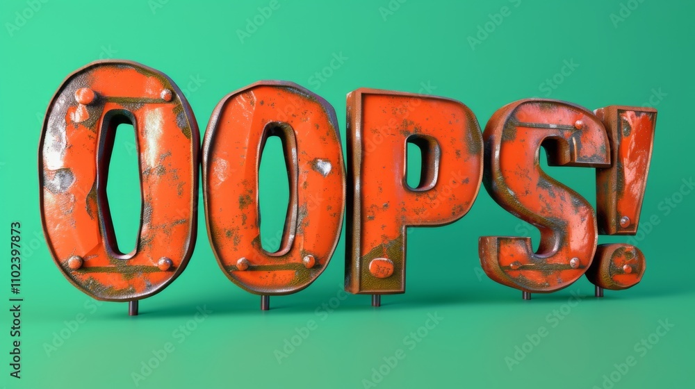 Poster 3d rendering of distressed orange oops! text with metallic texture, displayed on a green background.