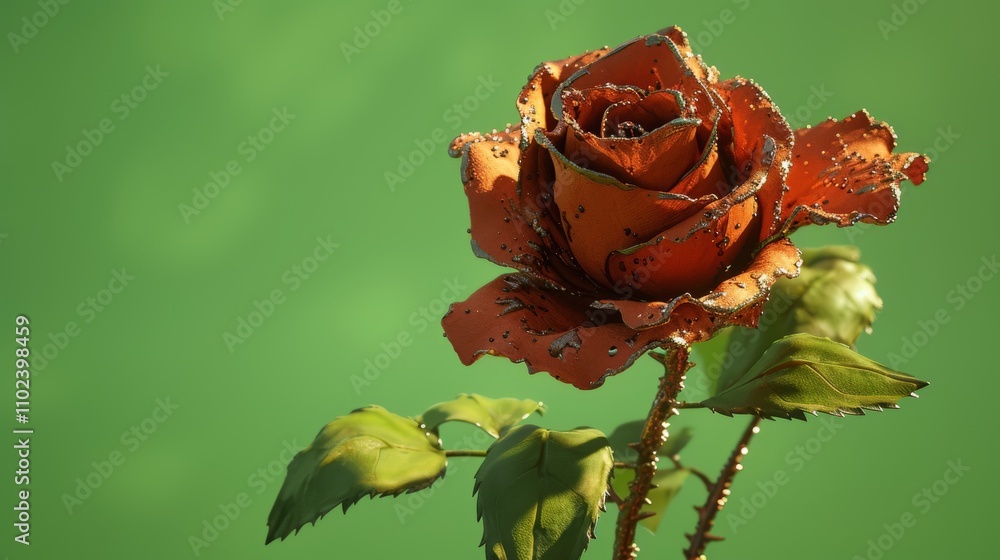 Poster a beautifully crafted close-up of a rose with rust-like textures and intricate details on the petals