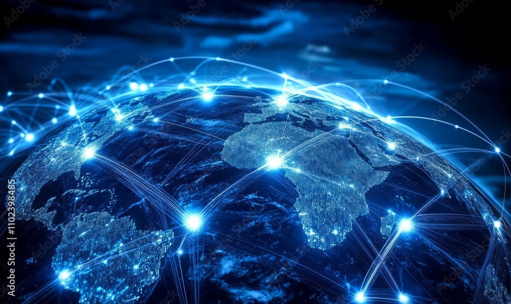 Poster global network connecting cities around the world with data transfer