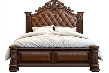 Luxurious carved wooden bed frame featuring intricate detailing and tufted leather headboard, complemented by soft bedding; perfect for elegant bedrooms or classic interior design projects