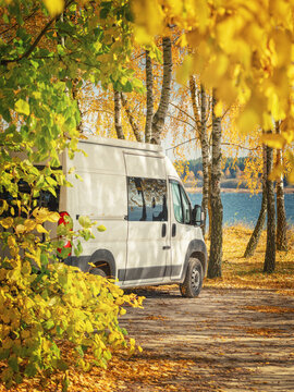 portrait view to white camper van through leaves of autumn trees on meadow with sea view