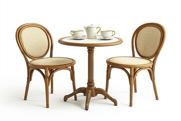 Fototapeta premium Elegant Viennese-style table and chair set in polished wood with intricate curved details and fabric seats, accompanied by a tea set; perfect for vintage interiors or cafe mockups