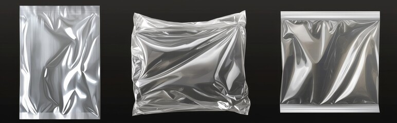 Torn plastic wrap isolated on a transparent background. A collection of cellophane or polyethylene wrapper layouts intended for printing. Polyethylene packaging designed for a CD cover. A modern