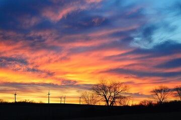 A captivating sunset paints the sky with vibrant colors while wind turbines stand silhouetted in the foreground, creating a serene and eco-friendly landscape scene.