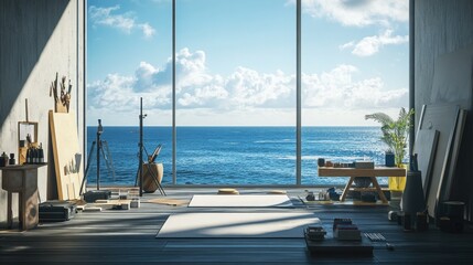 Fototapeta premium An artistic studio with an inspiring backdrop of the ocean seen through panoramic windows