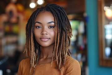 Portrait of young black woman with dreadlocks at hair salon.