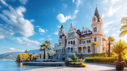 Obraz premium Stunning Historic Castle by the Water with Lush Palm Trees and Vibrant Blue Sky