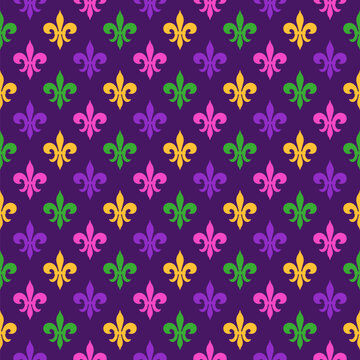 Fleur De Lys Seamless Pattern. Mardi Gras Festive Endless Background.