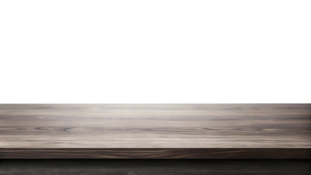 A sleek wooden tabletop with rich texture, set against a dark background, creating a modern and elegant aesthetic ideal for various displays. PNG on a transparent background