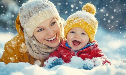 Happy mother and baby having fun playing in winter snow