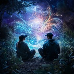 Young couple gazing at a vibrant cosmic nebula in a surreal, fantastical landscape