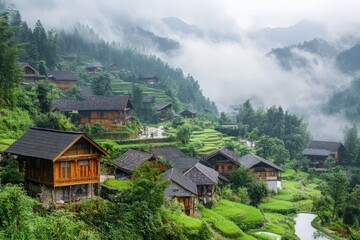 A picturesque village surrounded by rich green rice paddies and terraces, settled against a mountainous backdrop in tranquil harmony with nature.