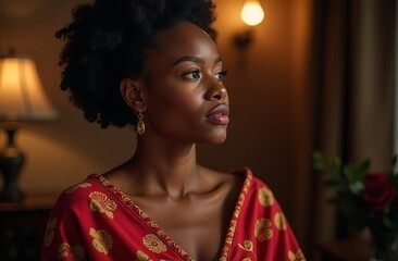 Dim light. Kwanzaa Holiday celebration. Traditional African Festival. Beautiful young black woman in red attire. African Americans remember and respect their roots