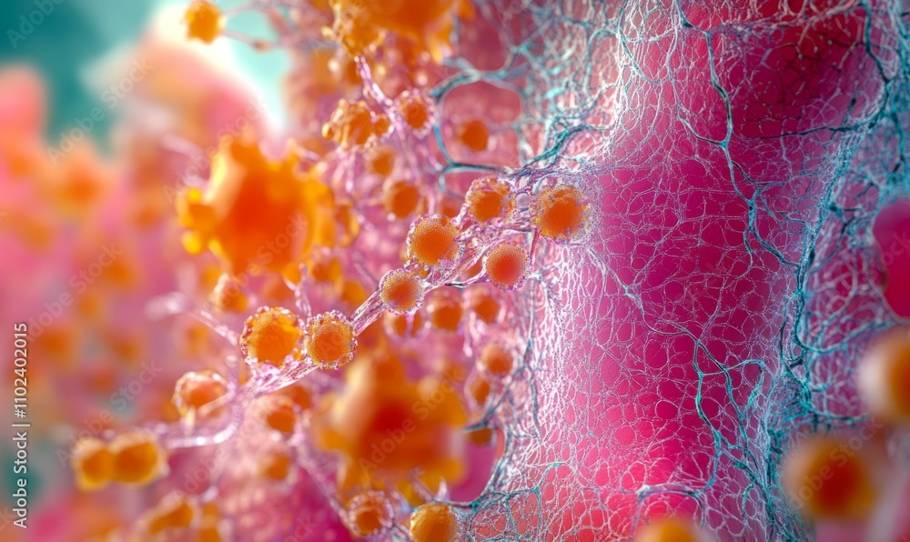 Poster high-resolution image of skin tissue with visible collagen strands and vitamin molecules, emphasizin