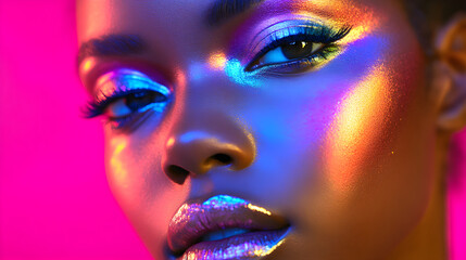 Fototapeta premium Galactic Glam: 2024's Futuristic Makeup Trends Highlight Metallics and Iridescence
