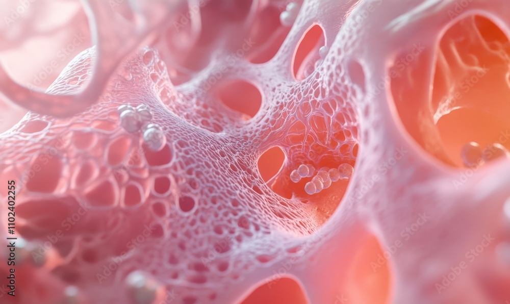 Poster high-resolution image of skin tissue with visible collagen strands and vitamin molecules, emphasizin