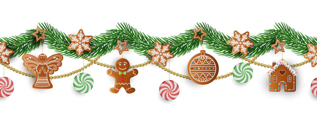 christmas seamless border with pine branches and gingerbreads. christmas garland with cookies and candies © Angelica
