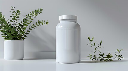 A white supplement bottle stands prominently against a minimalist white background, flanked by two potted plants with lush green leaves