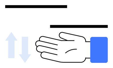 Human hand, parallel lines above, blue sleeve, arrows indicating motion below. Ideal for measuring, gesture, communication, instruction direction spatial understanding interaction. Line metaphor