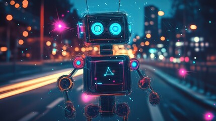 Obraz premium Futuristic Cybernetic Robot in Vibrant City Nightscape with Neon Lights and Bokeh Effects