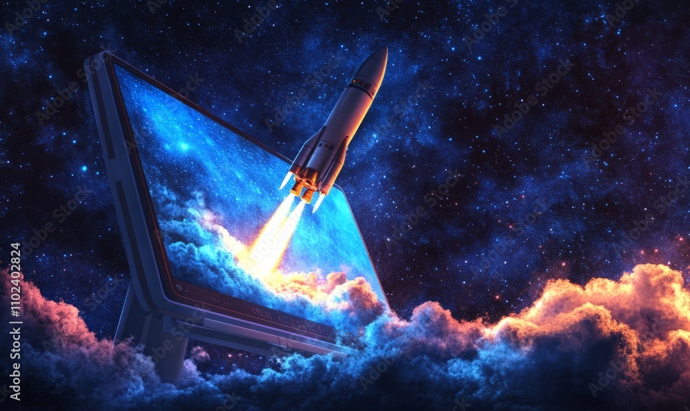 Poster illustration of a space rocket launching from a computer screen with a starry sky background