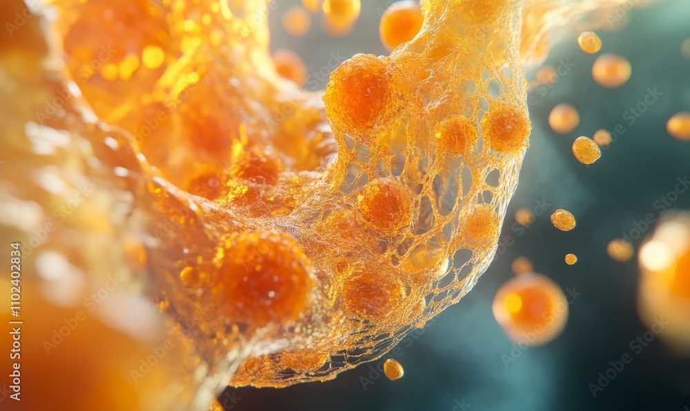 Poster illustration of skin cells with a focus on the collagen matrix and embedded vitamins, demonstrating 
