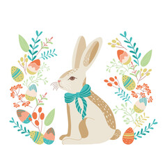 Easter bunny with bow and plant decor with eggs. Happy easter design element Trendy design for typography, card, flyers. Hand painted plants, eggs and rabbit in pastel colors. Vector flat illustration