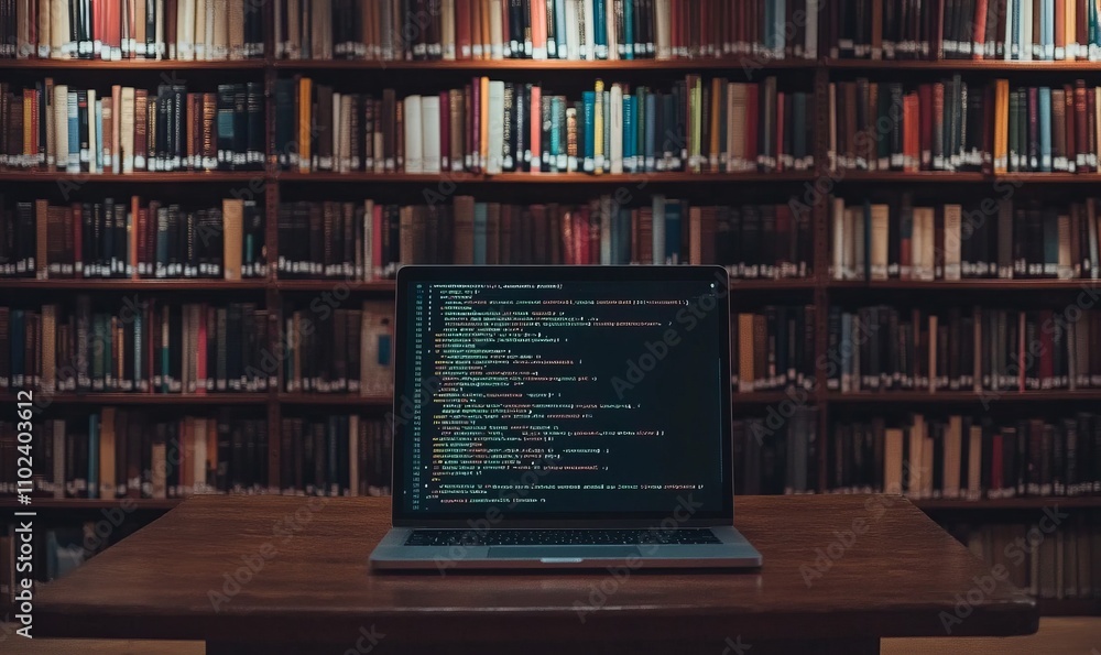 Poster laptop on a wooden table displaying code, with a backdrop of bookshelves inside a library
