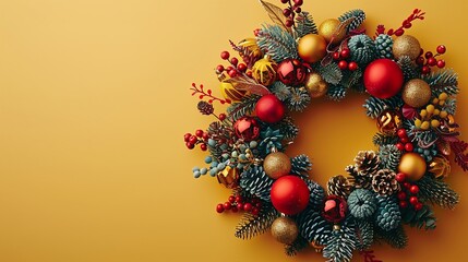 Christmas wreath with gold and red baubles, pinecones and berries, festive holiday decoration, elegant seasonal decor, cheerful design, warm golden background

