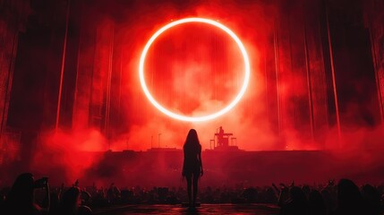 Naklejka premium A silhouetted figure stands before a massive red circle in a vibrant concert atmosphere.