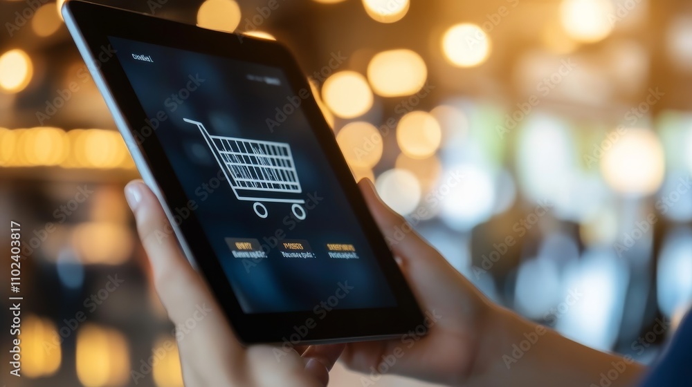 Poster hands holding tablet displaying shopping cart icon and payment options, suggesting online shopping a