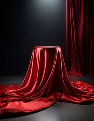 Red satin draped elegantly over a circular pedestal against a dark backdrop.