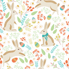 Easter seamless pattern with bunnies and decorative eggs in flower meadow on transparent background. Lovely hand drawn repeat design with cute doodle eggs, great for textiles, banners, wallpaper, card