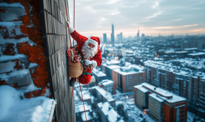 Santa Claus rappels down a tall building, holding a sack of gifts. Below, the snowy cityscape stretches out under the twilight sky, creating a festive and adventurous holiday scene.