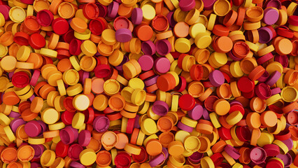 Top view on a pile of colorful plastic bottle caps. Plastic industry product. Garbage reuse. 3d render illustration