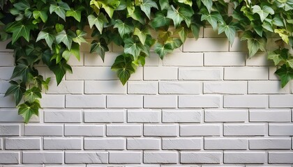Lush green ivy cascading over a white brick wall. A serene natural scene.
