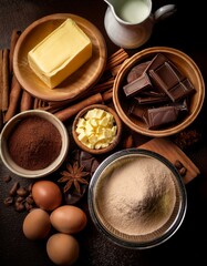 Baking ingredients: butter, chocolate, flour, cocoa, and eggs.