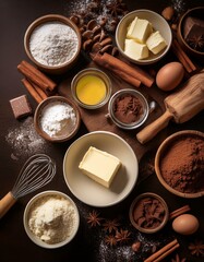 Aromatic baking ingredients arranged on a dark surface.