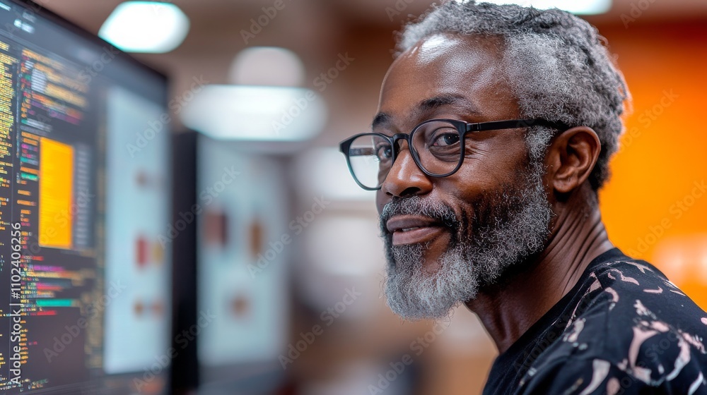 Poster veteran showcasing final coding project at a tech workshop in a community center