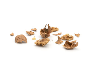 Cracked Walnut Shells Isolated on White Background