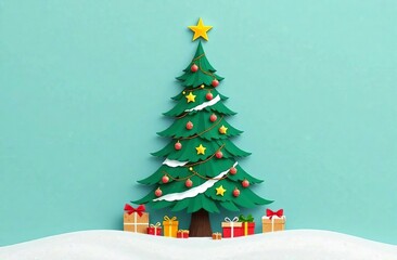 Christmas card in the paper cut style. Promotional banner for New Year sale. Space for text. Advertising for December holidays. Copy space. Christmas tree in snow with present. Blue background