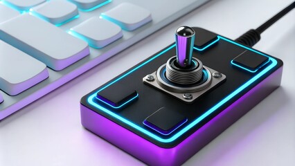 Retro-inspired gaming joystick with neon accents next to a keyboard