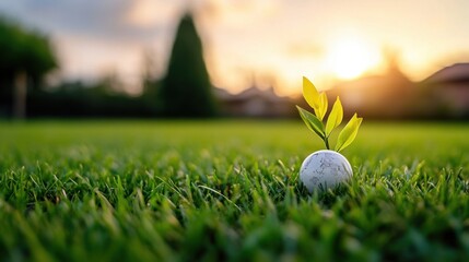 New Growth: A Sapling Emerges from a Golf Ball on a Lush Green Lawn Against a Beautiful Sunset Sky, Symbolizing Hope and Sustainable Practices in Outdoor Environments