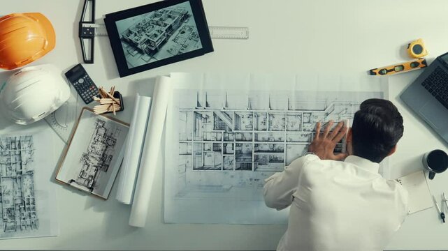 Top view of smart civil engineer drawing and measuring blueprint by using ruler. Aerial view of architect scatch building project plan at meeting table with equipment and safety helmet. Alimentation.