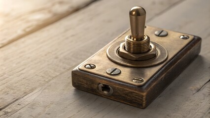 Vintage brass light switch on wooden surface with sunlight reflection
