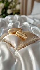 Luxury Golden Softgel Capsules on a Silk Pillow A Vision of Premium Wellness and Skincare